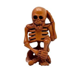 Netsuke Large Skeleton Hand on Head Hardwood Carving Sculpture Japanese Vintage